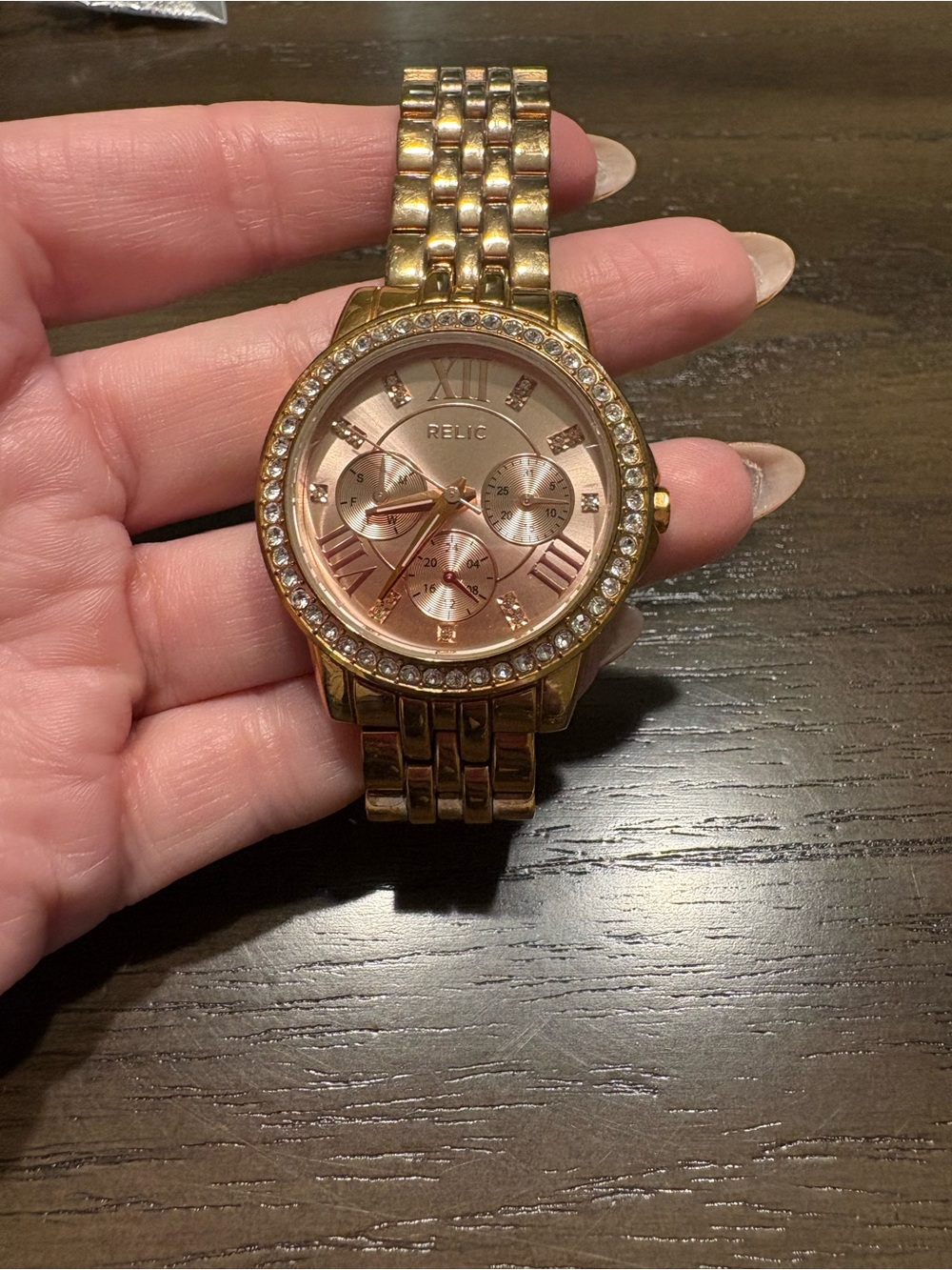 Relic Gold-Tone Watch with Rose Gold Dial and Crystal Bezel